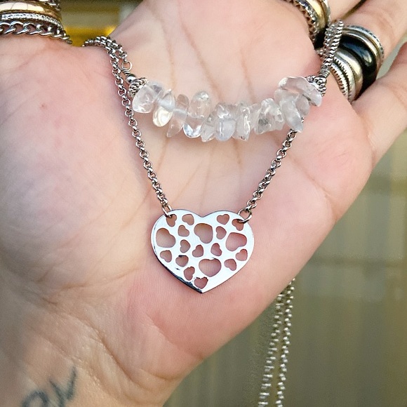 Crystal heart necklace . Double Layer crystal quartz valentine heart boho choker - Picture 10 of 11
